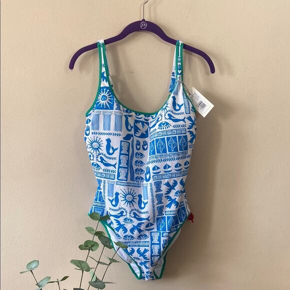New Johnny Was Blue White Acantha One Piece Swimsuit Bathing Suit Summer XL